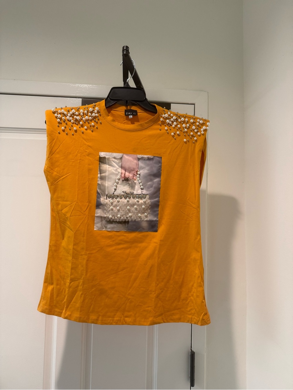 Pearl-Embellished Mustard Muscle Tee with Photo Panel